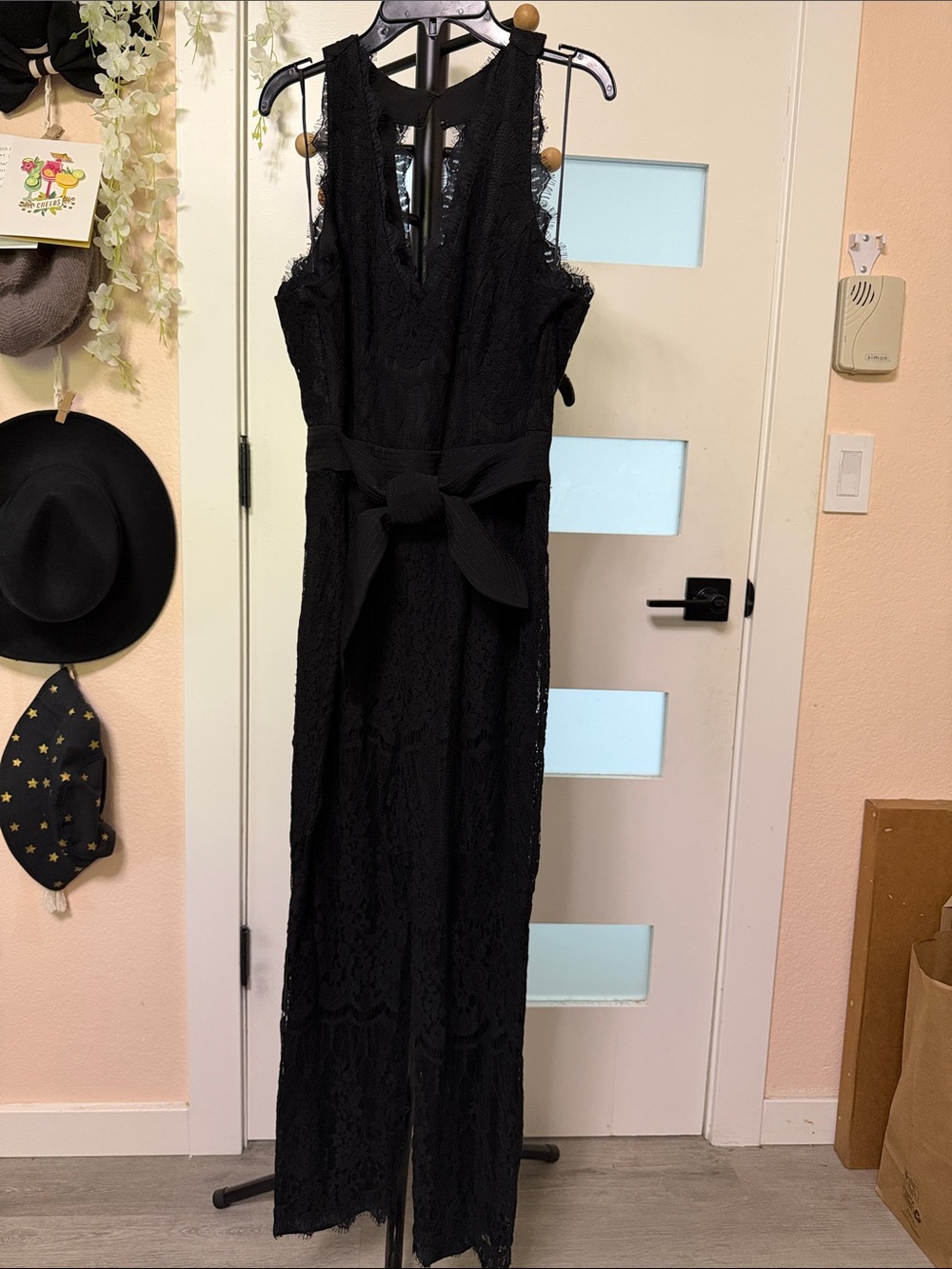 Elegant Black Lace Sleeveless Jumpsuit with Waist Tie